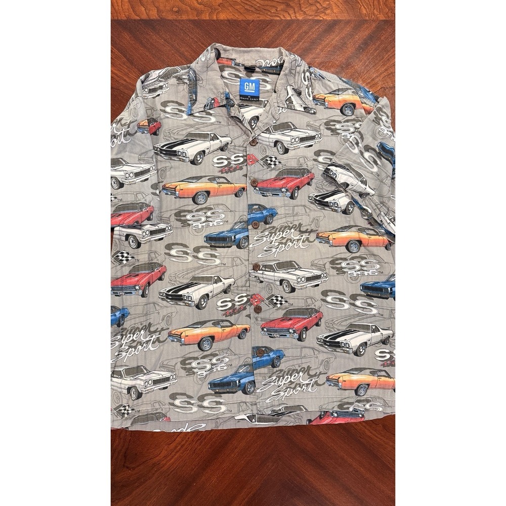 GM David Carey Chevy SS 454 Super Sport Hawaiian Camp Shirt Gray Men's Size‎ L